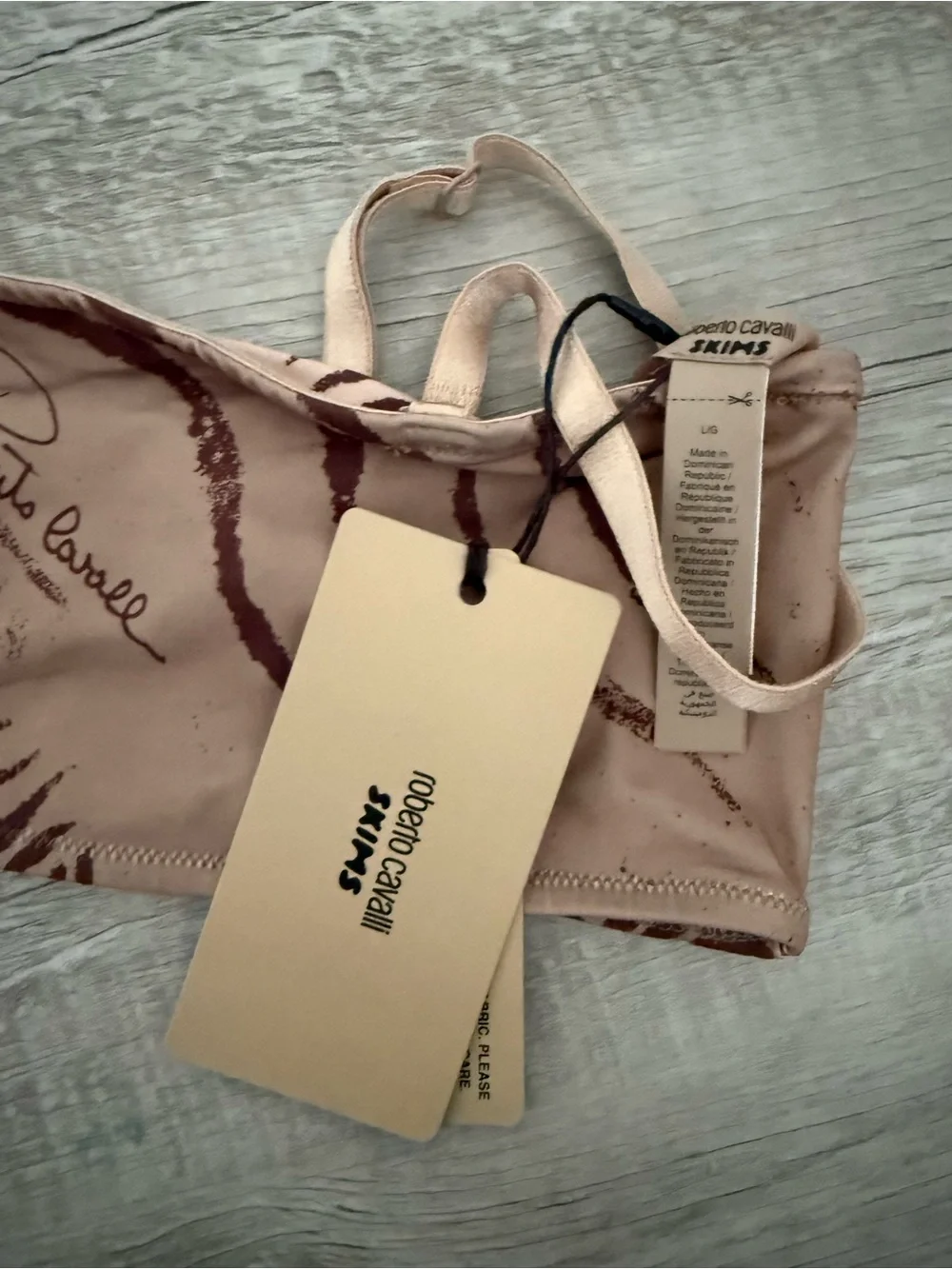 NEW ROBERTO CAVALLI/SKIMS Zebra-Print Bandeau Bikini Top in Light Brown & Tan